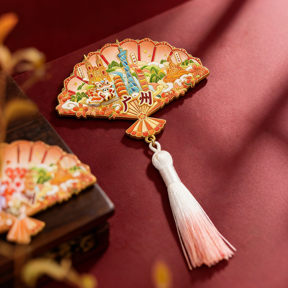 广州文创扇面浮雕带弹簧舞狮冰箱贴中国城市旅游纪念品流苏礼品