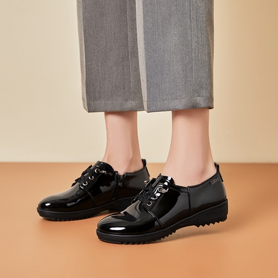 漆皮系带百搭乐福鞋厚底小皮鞋