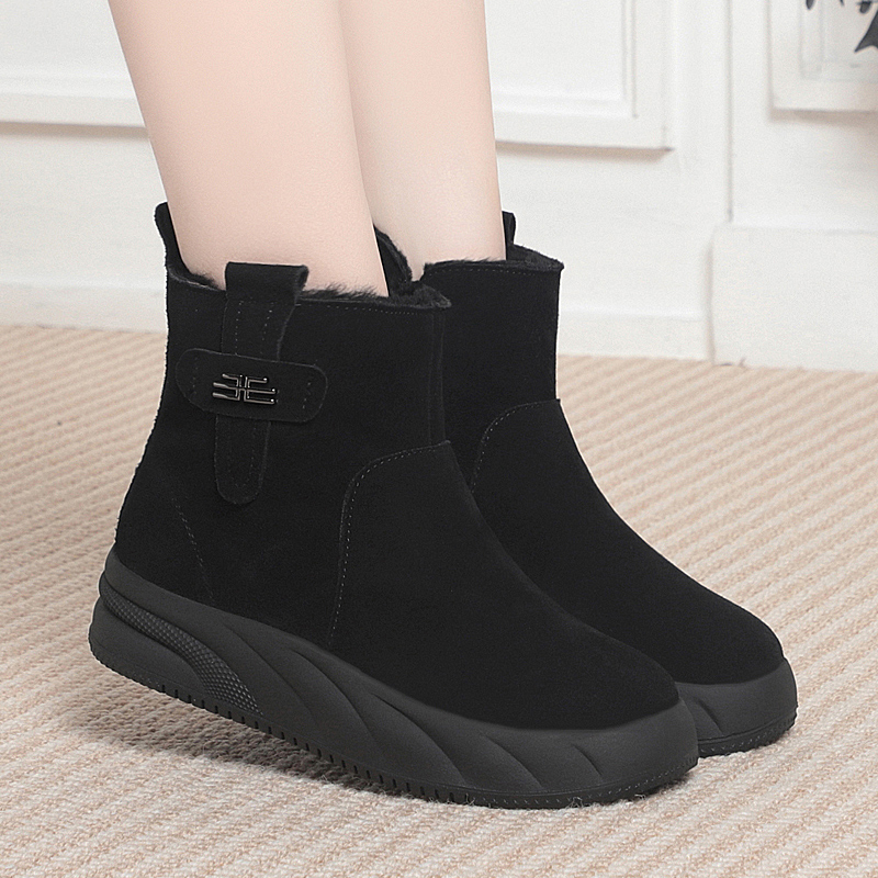 真皮牛绒磨砂雪地靴平底厚底