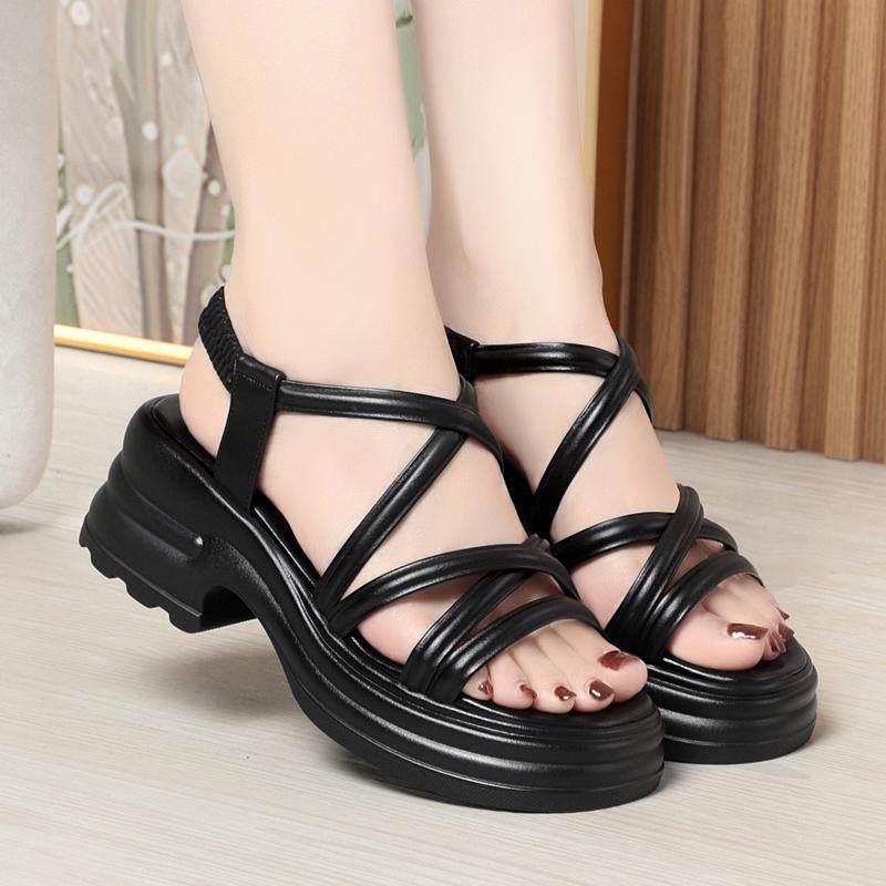 2025夏季新款女鞋真皮凉鞋女厚底妈妈鞋中老年人舒适软底防滑凉鞋