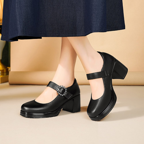 2025新款真皮单鞋女百搭圆头粗跟