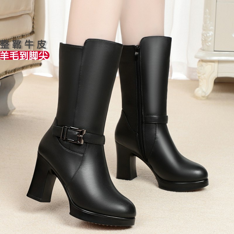 冬季保暖加绒羊毛中筒靴粗跟皮靴