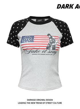 DARKAGE原创美式复古撞色星星插肩袖印花修身短袖女夏季辣妹T恤