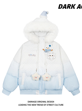DARKAGE原创甜美雪人刺绣魔术贴毛领连帽面包服加厚保暖棉服外套