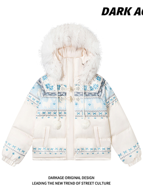 DARKAGE原创费尔岛复古雪花兔子毛领连帽棉服外套女秋冬棉衣上衣
