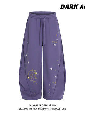 DARKAGE原创美式复古星星印花加绒阔腿裤卫裤女宽松直筒拖地长裤