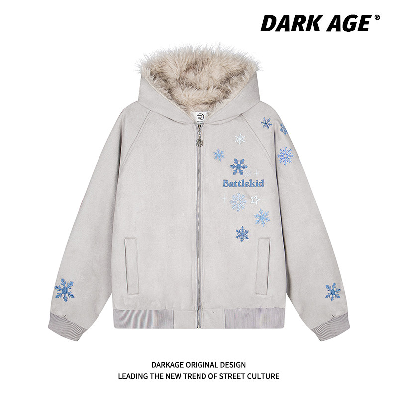 DARKAGE原创美式复古雪花刺绣座山雕棉服外套男女冬季连帽情侣装
