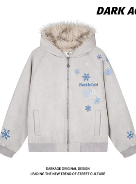 DARKAGE原创美式复古雪花刺绣座山雕棉服外套男女冬季连帽情侣装