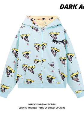 DARKAGE美式复古双帽可爱卡通连帽卫衣男女情侣款慵懒风重磅外套