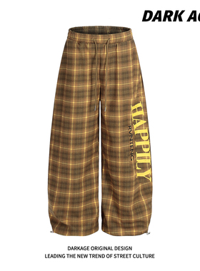 DARKAGE原创美式复古字母印花格子辣妹休闲裤秋季宽松拖地长裤子