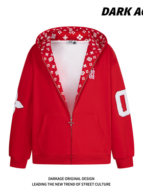 DARKAGE美式印花开衫连帽卫衣外套男女秋冬潮牌情侣装拉链上衣