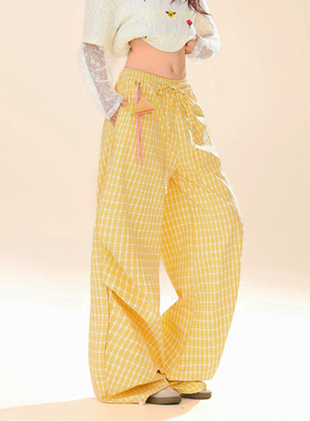 DARKAGE原创美式街头黄色格子休闲裤女趣味挂件多巴胺高腰阔腿裤