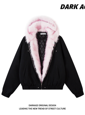 DARKAGE原创美式复古座山雕冬季女加厚短款claenfit保暖毛领外套