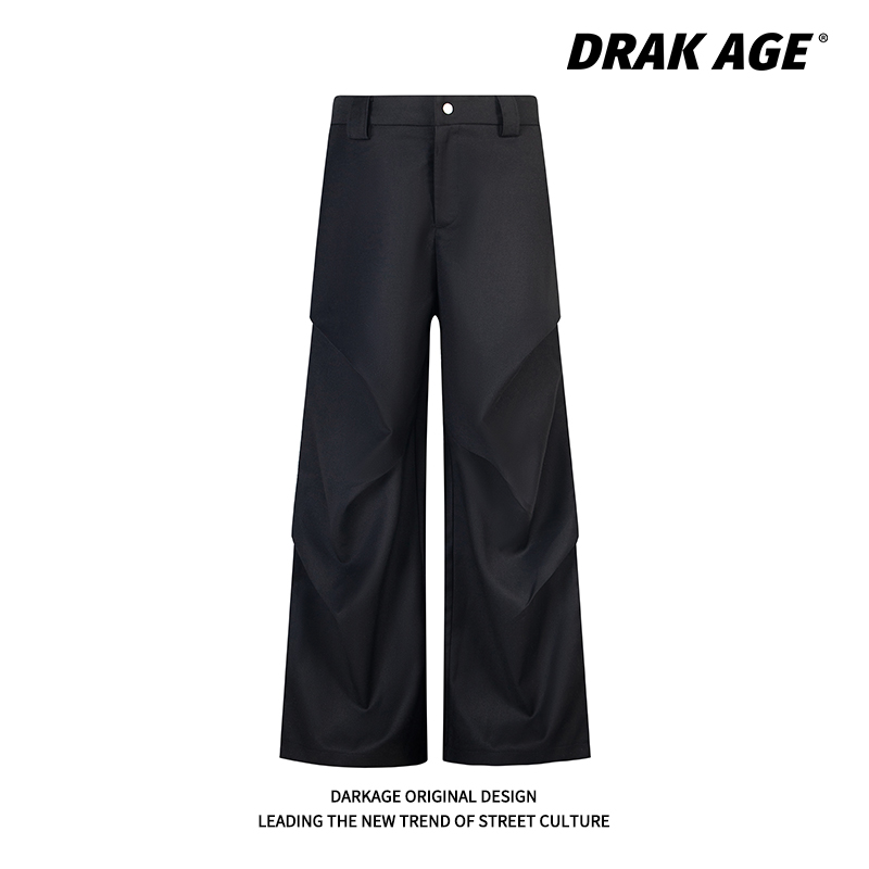 DARKAGE美式潮牌褶皱拖地微喇叭休闲裤子宽松直筒垂感黑色西裤男