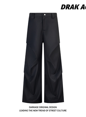 DARKAGE美式潮牌褶皱拖地微喇叭休闲裤子宽松直筒垂感黑色西裤男
