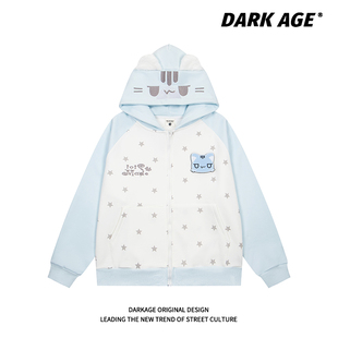 DARKAGE原创萌宅可爱猫咪魔术贴撞色帽衫 外套男女慵懒风连帽卫衣