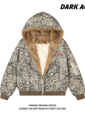 DARKAGE美式复古豹纹毛领连帽棉服女冬季宽松短款棉衣保暖外套