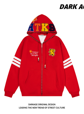 DARKAGE原创美式字母刺绣开衫连帽卫衣男女春季新款加绒帽衫外套