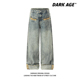 男女宽松阔腿长裤 DARKAGE原创美式 复古水洗做旧豹纹刺绣牛仔裤 子