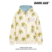 DARKAGE原创美式 复古卡通满印双层连帽拉链外套男女学院风y2k卫衣