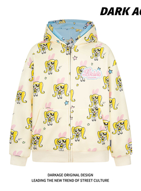 DARKAGE原创美式复古卡通满印双层连帽拉链外套男女学院风y2k卫衣