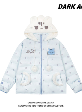DARKAGE原创猫咪魔术贴满印星星排骨棉服秋冬女连帽加厚刺绣外套