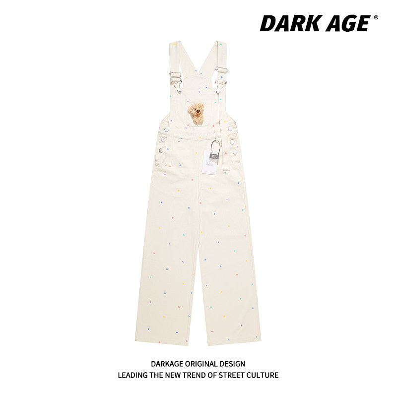 DARKAGE美式复古小熊波点牛仔背带裤夏季女多巴胺小个子连体裤