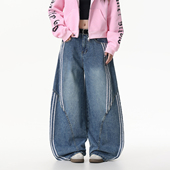 女设计拼接三条杠条纹阔腿裤 DARKAGE美式 复古水洗解构弯刀牛仔裤