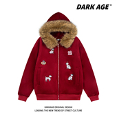 DARKAGE原创美式 复古刺绣腊肠狗可拆卸毛领毛呢拉链夹克连帽外套
