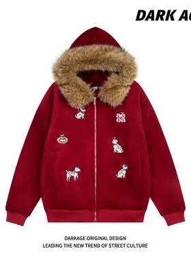 DARKAGE原创美式复古刺绣腊肠狗可拆卸毛领毛呢拉链夹克连帽外套