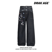 DARKAGE 男女宽松阔腿直筒长裤 2025美式 趣味徽章印花腰带牛仔裤