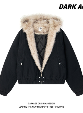 DARKAGE美式复古座山雕国潮棉服外套夹棉加绒水洗厚毛领连帽棉衣