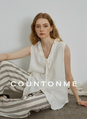 COUNTONME 两面穿100%亚麻手工木耳边V领绑带无袖坎肩衬衫上衣