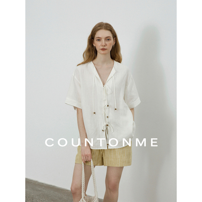 COUNTONME 法式浪漫/慵懒度假风天然亚麻串珠绑带廓形短袖衬衫