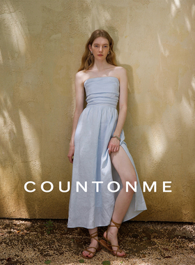 COUNTONME 法式浪漫/全亚麻度假风褶皱抹胸连衣裙显瘦开衩长裙