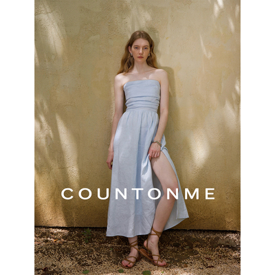 COUNTONME 法式浪漫/全亚麻度假风褶皱抹胸连衣裙显瘦开衩长裙