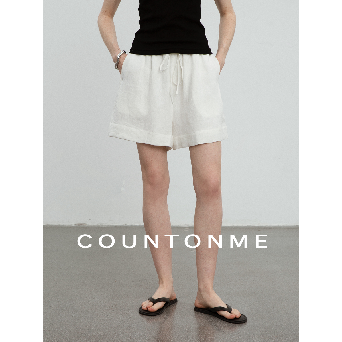 COUNTONME 慵懒舒适/ 天然全亚麻日常度假松紧高腰百搭短裤