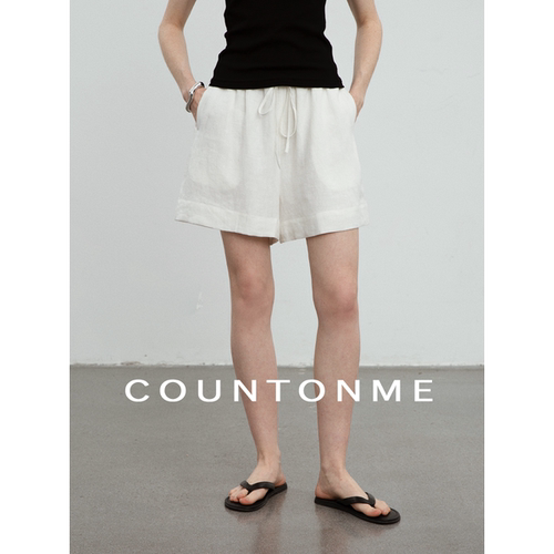 COUNTONME 慵懒舒适/ 天然全亚麻日常度假松紧高腰百搭短裤