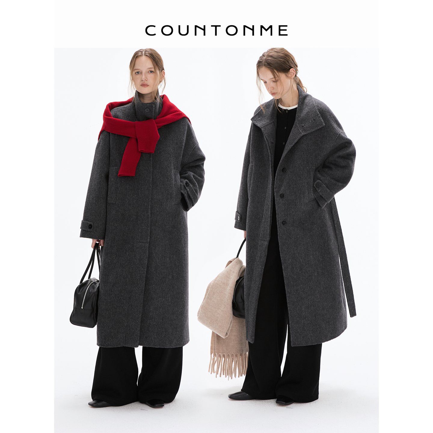 COUNTONME 时髦两穿/绵羊毛桑蚕丝混纺气质廓形立领双面呢大衣
