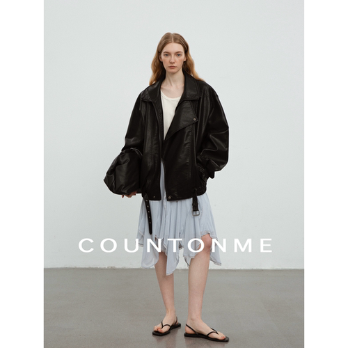COUNTONME 25AW秋冬廓形环保皮衣夹克双层领PU皮短款女宽松外套