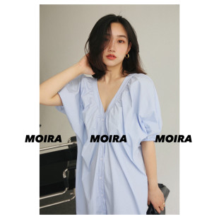 夏季 长裙 法式 栗子MOIRA 浪漫连衣裙 纯色过膝开衩衬衫 经典 泡泡袖