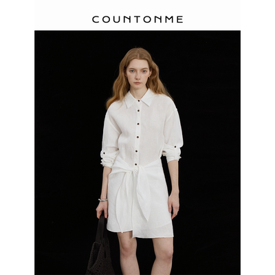 COUNTONME 阳光假日/海滩度假风慵懒感100亚麻松弛显瘦衬衫连衣裙
