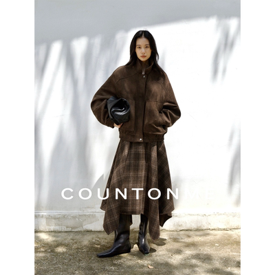 COUNTONME 时髦复古/不规则下摆羊毛格纹半身裙显瘦百搭A字半裙