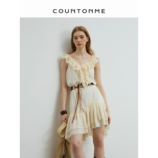 COUNTONME 法式重工/雪纺木耳边V领蕾丝叠层松弛度假风吊带连衣裙