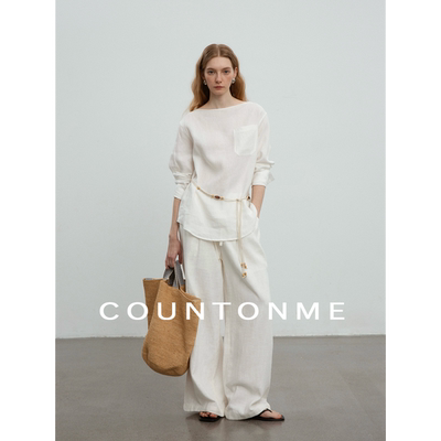 COUNTONME 慵懒度假风/ 松弛舒适一字领天然亚麻衬衫防晒衬衣