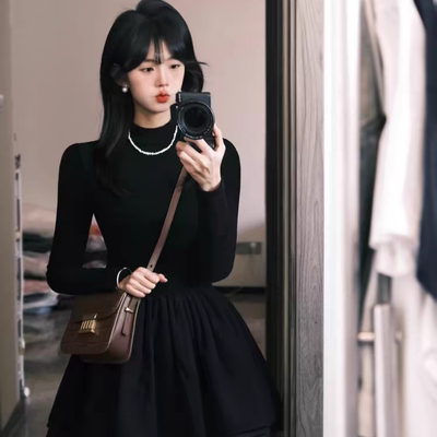 愉悦愉悦黑色长袖连衣裙女秋冬纯欲收腰显瘦小黑裙高级气质蓬蓬裙