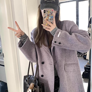 高级感紫色西装毛呢外套女宽松气质小个子短款双面呢子大衣2024冬