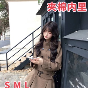 富家千金风双排扣收腰连衣裙女秋冬季小个子高级感气质中长款外套