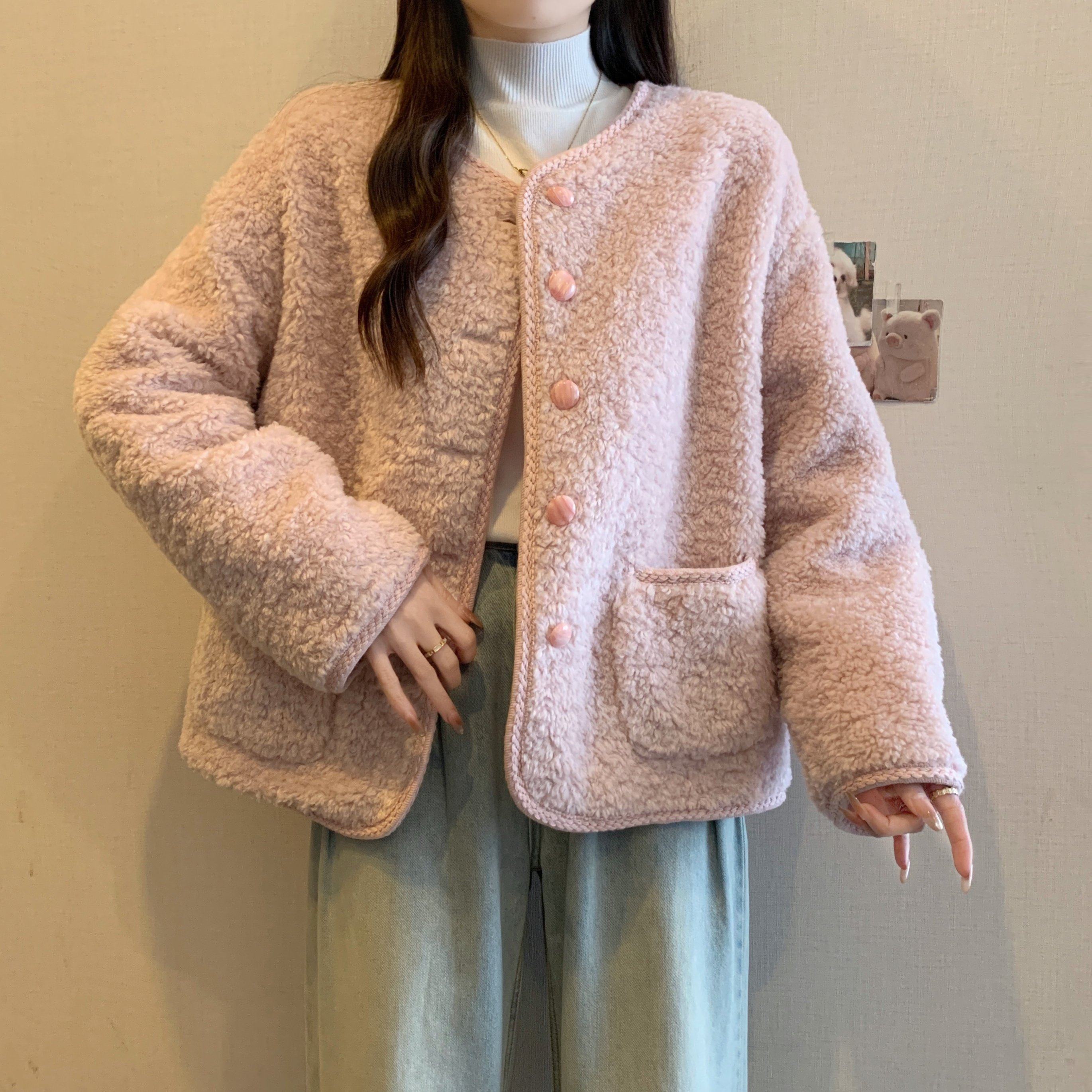 实拍~粉色羊羔毛外套女2025冬新款软糯加厚短款摇粒绒小香风上衣