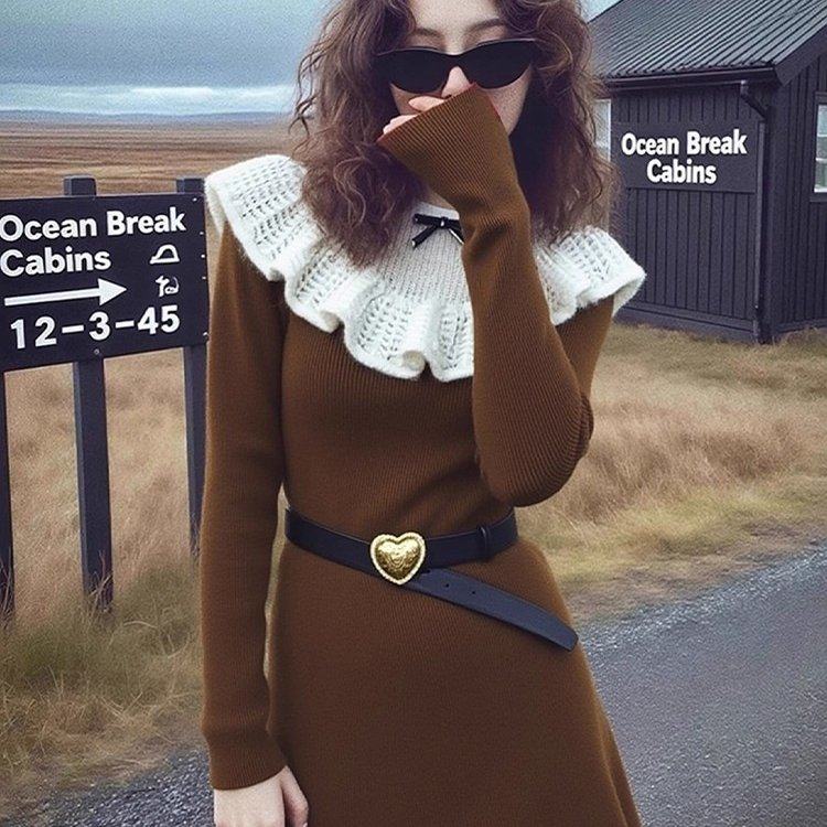 秋季温柔富家千金感出席重要场合高级感巨好看绝美咖色针织连衣裙